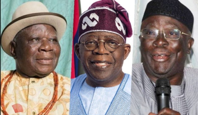 Late Edwin Clark, President Bola Tinubu and late Ayo Adebanjo